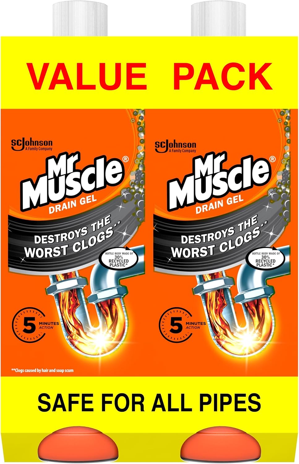 Mr Muscle Drain Unblocker Liquid (2 x 1L), Sink & Drain Cleaner, Strong & Fast Acting Heavy Duty Gel Formula, Dissolves Clogs, Works 3x Better Than Bleach, Safe for All Pipes