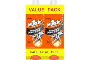 Mr Muscle Drain Unblocker, Sink & Drain Cleaner, Fast Acting Heavy Duty Gel Formula, Dissolves Clogs, Works 3x Better Than Bleach, Safe for All Pipes, Duo Pack, (2 x 1L)