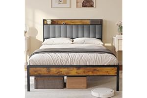 Bealife Łóżko platformowe 140 x 200 cm, rama łóżka z metalu i drewna z wyściełanym zagłówkiem, cicha i stabilna metalowa rama łóżka dla dzieci, młodzieży i dorosłych