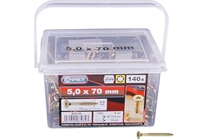 Connex wkręty uniwersalne 5,0 x 70 mm – 160 sztuk w zestawie – łeb wpuszczany – napęd TX – gwint częściowy – żółty ocynkowany/zestaw śrub/wiadro ze śrubami / B30195