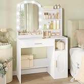 HEXCELEN Dressing Table with Oval Mirror, White, 15.7 &times; 35.4 &times; 147.5 cm | Makeup Table with 10 LED Lights, Makeup Dressing Ta