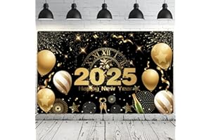 RUNMEIHE Silvester Banner Deko 2025, Extra Große Stoff Happy New Year Backdrop für Dekorationen, 72 x 44 Zoll Schwarz Gold Feuerwerk Photo Booth Hintergrund Poster für Neujahr Party Supplies