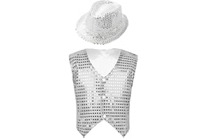 inhzoy Enfant Bébé Garçon Fille Gilet Paillette avec Chapeau Sequins Brillant Costume Danse Moderne Jazz Vest Danse Hip-hop Déguisement Disco Performance 4-14 Ans