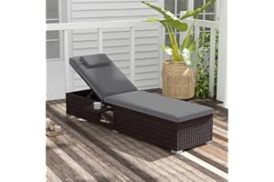 RELAX4LIFE PE Rattan Sun Lounger, Garden Chaise Lounge Bed Chair with 6-Level Adjustable Backrest, Cushion, Headrest and Folding Side Table, Outdoor Patio Wicker Recliner Chair Deck Sunbed