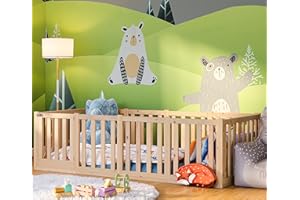 ‎BELLABINO Bellabino Tapi Bett 90x200 cm, Kinderbett mit extra hohem Rausfallschutz und Tür, inklusive Lattenrost, Montessori Bodenbett für Jungen und Mädchen aus Kiefer Massivholz, Natur lackiert, Bed