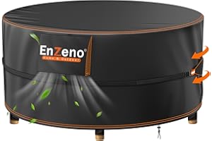Enzeno Housse de table de jardin ronde imperméable, coupe-vent, anti-UV, tissu Oxford 420D, grille d'aération, 4 sangles Velcro (150 x 71 cm)