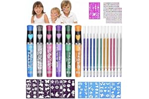 Mkitnvy 6 Rotuladores Tatuajes Niños,Tatuajes Purpurina, Kit de Tatuajes Temporales para Niñas, con 9 Plantillas+2 Pegatinas de Diamantes, Juego Niña Niño para Fiesta Halloween Cumpleaños