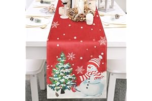 Bigqin Camino de Mesa Navidad, Decoración Navidad Flor de Nieve Muñeco Árbol de Navidad Lino Camino de Mesa para Comedor Cocina Cafetería Hogar Interior Bar Decoración de Fiesta, 183*33cm/72*13"