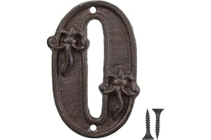 Vandicka Numero Civico in Ghisa 0, Numero Porta Esterno, Numero Indirizzo - Finitura Marrone Ruggine in Stile Country con Goffratura Fleur de Lis, Viti Abbinate Incluse, Altezza 115 mm