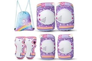 SULIFEEL Tęczowe ochraniacze na kolana dla dzieci, ochraniacze na kolana, łokcie, nadgarstki, ze sznurkiem ściągającym, regulowanym wyposażeniem ochronnym, zestaw dla dziewcząt, skuterów, jazdy na