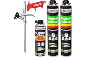 Isolbau Bauschaum-Set - Inkl. 2x 1K Montageschaum B2 Pistolenschaum (je 750 ml), 1x Schaum-Pistole & 1x PU-Schaum-Reiniger (500 ml)