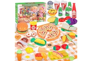 TEBOKHAD Accessoire Cuisine Enfant Ensemble, 52 PCS Kit Cuisine Enfant, Jeu De Rôle De Chef pour Enfants avec Nourriture en Jouet, Jeux De Rôle Montessori, Cadeau Fille Garcon 3 4 5 6 7 Ans