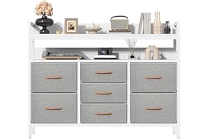 Feonase Chest of Drawers Bedroom, Fabric Dresser with 7 Drawers, Storage Dresser with 2 Layer Shelves, Tall Storage Organizer Unit with Steel Frame, for Bedroom, Living Room, Hallway, Light Gray