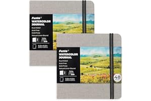 Funto Watercolour Journal, Square, Dual-Sided Cold-Pressed Paper, 5.5" x 5.5", Portable 2-Pack, 48 Pages Each, Gray Cover with Elastic Band, 110 lb/230gsm, Art Supplies for Mixed Media