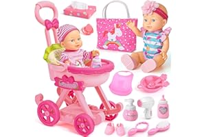 vamei Accesorios Muñecas Bebe para Niñas, Accesorios Bebe Juguete Juego de rol, con Muñeca & Cochecito de Muñecas & Bolso & Ropa de Muñeca, Cumpleaños Juguetes Regalo Niña Niños 2 3 4 5 6 Años