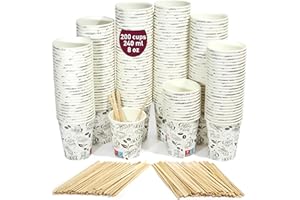 GOBECUPS 200 Gobelets Jetables en Carton Blanc pour Café, 240 ml / 8oz - Gobelets Résistants et Élégants pour Boissons Chaudes ou Froides, Parfaits pour Bureau et Maison. Inclus des Agitateurs en Bois