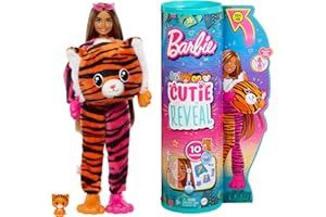 Barbie HKP99 - Lalka Cutie Reveal w kostiumie z pluszu z tygrysem i 10 niespodziankami, w tym efekt zmiany koloru, asortyment dżungli z akcesoriami, zabawki dla lalek od 3 lat