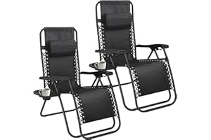 VIVO TECHNOLOGIES Set of 2 Folding Reclining Adjustable Zero Gravity Lounge Chairs, Garden Chairs leisure Beach Chair with Headrest Sun and Cup Holder Loungers Powder-coated Steel Frames, Sunlounger,Beach Lounger,Black