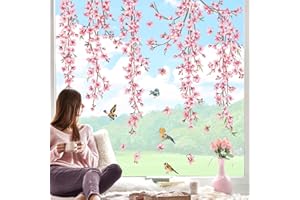 decalmile Pegatinas de Ventana Flor de Cerezo Rosa Vinilos para Ventanas Flores de Vid Colgantes Pájaros Anticolisión Vinilo No Adhesivo de Pegatinas Vidrio Ventana