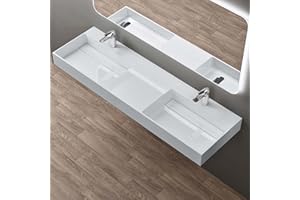 doporro Lavabo doppio Sospeso Lavabo da Appoggio Rettangolare in Marmo Resina Bianco Lucido, Vasca Doppia 160x48x13 cm con 2 Fori Rubinetto e Piletta Scarico, Colossum12