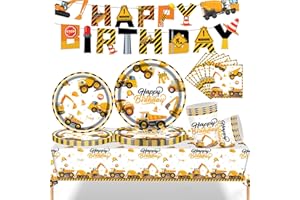 MORAINJAY 84P Pelleteuse Vaisselles Anniversaire pour Garçon,Excavatrice Vaisselle Ensemble avec Assiettes Papier Tasses Serviettes Nappe Bannière,Ingénierie Chantier Thème Engineering Véhicules -16 Invités
