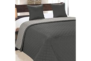 Euromat Tagesdecke Steppdecke Bettüberwurf Gesteppte Zweiseitig Tagesdecke mit 2 Kissenbezüge 40x40 cm- (Dunkelgrau Silber- 10, 220x240 cm)