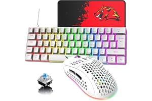 HOOPOND 60 % UK-Layout Kabelgebundene Gaming-Tastatur und -Maus 62Keys Mini Compact Mechanical Keyboard, 19 Rainbow Lighting Effect +6 RGB Lighting Effect6400 DPI Leichte Gaming-Maus (weiß/Blauer Schalter)