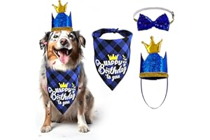 COBEE Coobe Dog Birthday Bandana Hat Bow Tie Set, 3-Piece Dog Birthday Party Accessories Dog Checked Bandana Bling Crown Hat Glitter Bow Tie Collar for Small Medium Dogs