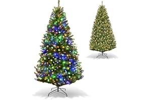 Costway Sapin de Noël, Arbre de Noël Artificiel avec Lumières LED Multicolore à 11 Modes et Pied en Métal, Décoration de Noël en Matériau PVC pour Maison, Magasin, 120-210 CM, Vert (180CM)