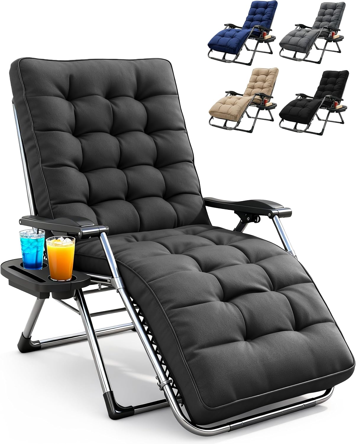 KEPLIN Square Tube Gravity Chair with Cushion 1 Pack – Extra Wide 72cm Zero Gravity Reclining Garden Chair, Reinforced Frame Supports 150kg, Locking System, Cup Holder, Foldable Sun Lounger