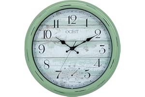 OCEST 16 Inch Garden Clocks Outdoor Waterproof, Large Wall Clock with Thermometer, Silent Non-Ticking Battery Operated Decor for Patio Pool Porch Garden(Retro Green)