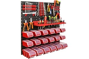 SIMPLETHING Système de rangement Étagère d'atelier | 78 x 78 cm | Boîte de 18 pièces | Étagère murale avec supports à outils et boîtes empilables - Plaques murales extra solides - Étagère murale perforée -