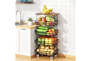JUSDYRACK 5 Tier Vegetable Fruit Basket for Kitchen, Stackable Metal Fruit and Vegetable Storage Baskets with Rolling Wheels Cart, Pantry organisers and storage for Kitchen Bathroom Livingroom Laundry room Cart