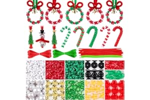 Kalolary Christmas Beaded Ornament Kit, Xmas Craft Wreath Candy Cane Bell Christmas Triangle Windmill Snowman DIY Beads Chenille Stems and Ribbons for Christmas Tree Hanging Decoration Holiday Party