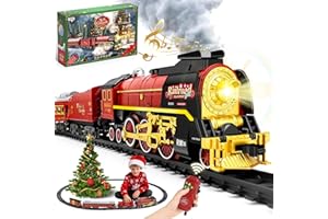 FUBEGI Christmas Train Set for around under The Tree, Electric Christmas Tree Train with Remote Sound Smoke Light, Steam Locomotive Xmas Train Toy Gift for Kids Children Boy Girl, Glowing Passenger Carriage