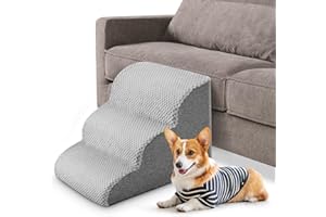 POTUEM Dog Steps for Bed, 3-Step Non-Slip Pet Steps for Small Dogs and Cats, High-Density Foam Dog Stairs with Removable and Washable Plush Cover for Couch, Sofa & Bed, Grey