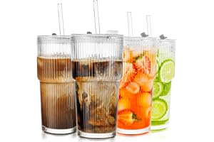 KUOGAS 4 st 600ml räfflade glas med lock och sugrör, tjockväggade ribbade kaffeglas, lufttäta och vattentäta smoothieglas, vackra dricksglas perfekt för iskaffe (4)