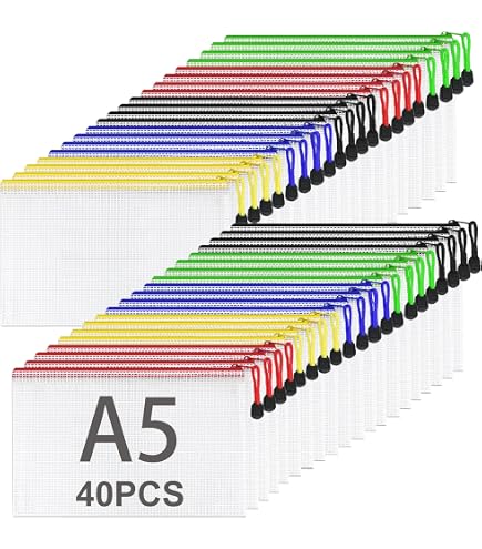 Lot De 6 Pochettes Document A5 En PVC Avec Zip - Couleurs Assorties (noir, Bleu, Blanc, Jaune, Vert, Rouge) - Pour Classement, Cosmétiques, Voyages