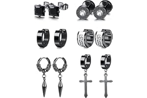 Adramata 6 Paia Pendientes Hombre Punk Pendientes de Aro Acero Inoxidable Pendientes Cruz Colgantes Pendientes Hipoalergénico Plata Negro Pendientes para Hombre Mujer
