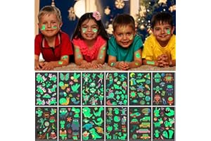 EBANKU Tatuajes Temporales para Niños, 12 Hojas Tatuajes Luminosos de Dibujos Animados de Estilo Mixto, Sirena Mariposa Animal Dinosaurio Pirata Tatuaje, Regalo de Decor Fiesta para Niños y Niñas