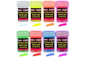 Neon Nights Vernice per Tessuto Che Illumina e Splende nel Buio, Kit Aerografo Tinta Abbigliamento, Luce Nera Ultravioletta UV Fluorescente, Confezione da 8