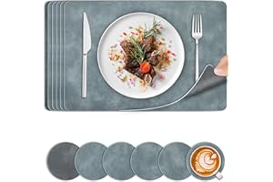 BEIJIE Placemats and Coaster Sets 6, Dual Sided Leather Place Mats 44.5 x30 cm, Heat Resistant Non-Slip Table Mats, Wipeable Washable Placemats Set of 6 for Home Outdoor Dining Table Kitchen Hotel(Blue&Grey)