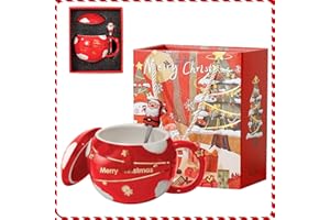 ROEOWENE Tazze Natalizie Mug Christmas 400ml Tazza con Coperchio Ceramica Regali Natale Donna Tazzine Caffe Tazze Simpatica Tazze da The Tazza Natalizia 2024 idee Regalo Natale per Amica Ragazza-Rosso