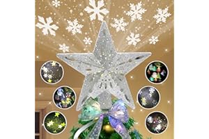 MARSYU Punta de árbol de Navidad con 6 modos de proyección con 6 modos de proyección rotatorios dinámicos LED,3D purpurina estrella hueca punta de árbol, Decoración para Árbol de Navidad(+5 m luces de cinta)