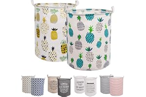 LessMo 2PCS 17.7 "Trieuse pour rangement de paniers à linge, Paniers à linge escamotables, Lin en coton rond imperméable (ananas, Épaissie 17.7 "/ Moyenne)
