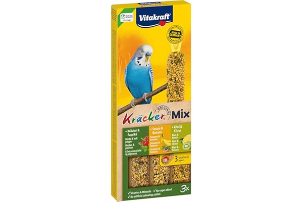 VITAKRAFT- Kräcker Mix, Snack pour Oiseaux, pour Perruches, Sticks À Grignoter, Aux Herbes Et Paprika, Kiwi Et Agrumes, Banane Et Sésame, sans Sucres Ajoutés (1X 90G)