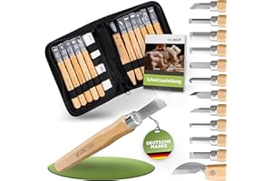 HOLZHELD Schnitzwerkzeug Set (16-teilig) mit Anleitung für 1 Schnitzprojekt - 12 hochwertige Schnitzmesser zum Schnitzen mit prakt. Werkzeugtasche