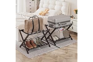 Smart FENDEE 2 Packs Fully Assembled Espresso Bamboo Luggage Racks, 5 Straps Folding Suitcase Stand with Shoe Shelf, Heavy Duty, Hotel Quality Luggage Stands Ideal for Guest Room, Bedroom