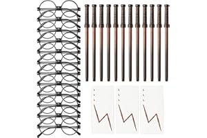 Haooryx 36Pcs Wizard Wand Pencils Black Round Glasses and Lightning Tattoos Stickers for Kids Wizard Magical Party Favors Set Boys Girls Wizard School Costume Birthday Gift Party Decoration Supplies