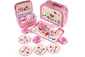 D-FantiX Kids Tea Set for Little Girls, 15Pcs Pink Tin Tea Party Set for Toddlers Afternoon Tea Time Playset with Metal Teapots Tea Cups Play Dishes Princess Toys Gifts with Carry Case